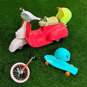 18” Doll -LAND Lot - Moped/Scooter, Unicycle, Skateboard